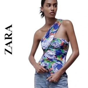 Zara floral one sleeve asymmetrical bodysuit Size M NWT